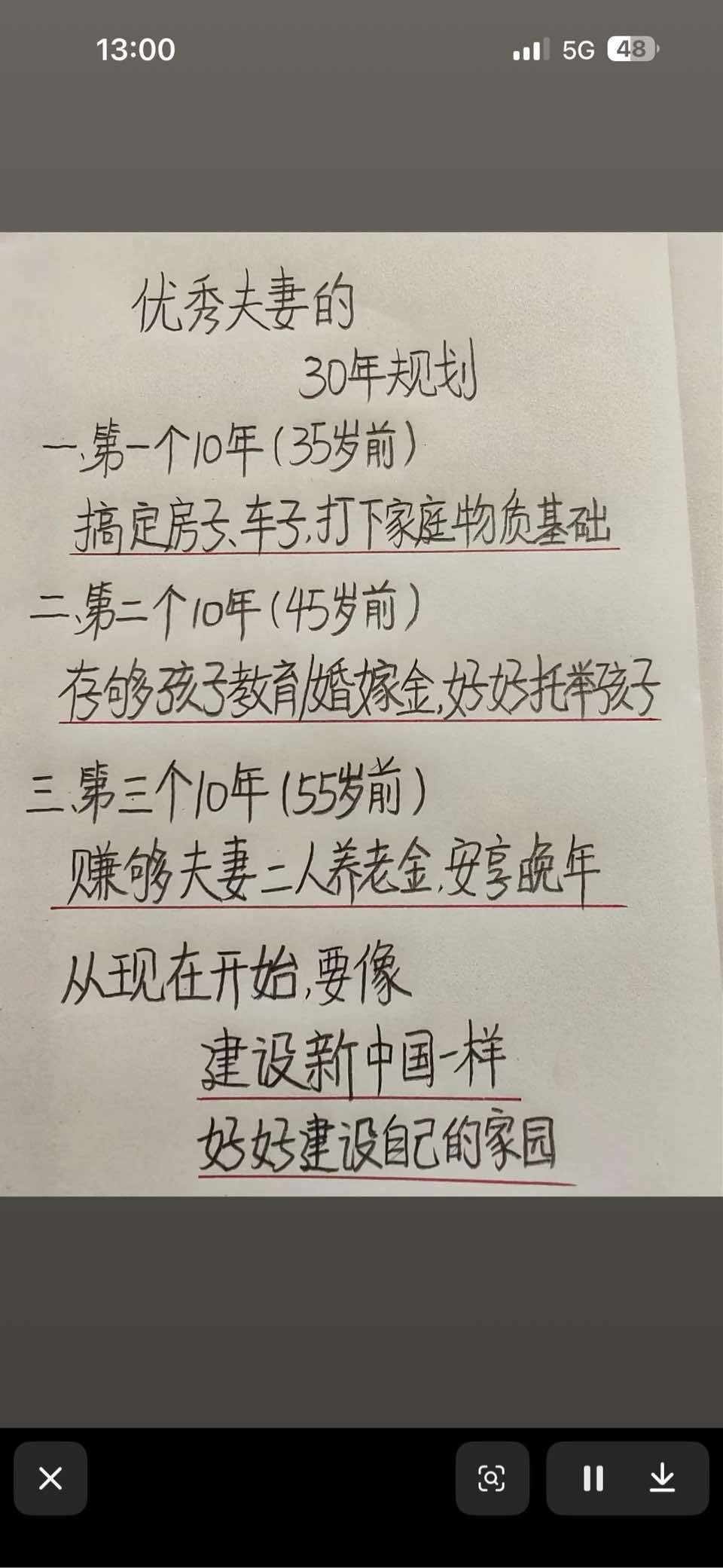 画面是一张手写笔记,标题为“优秀夫妻的30年规划